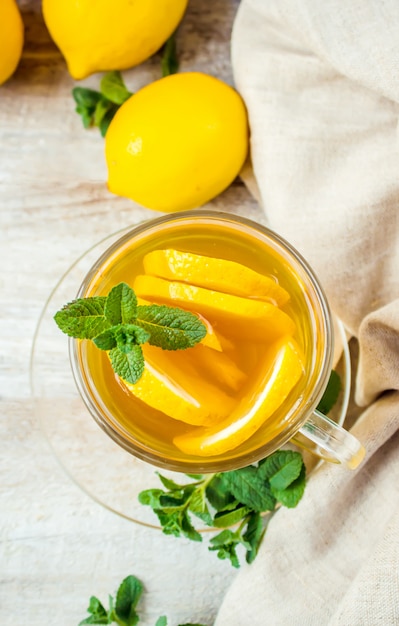 Tea with mint and lemon. Selective focus.