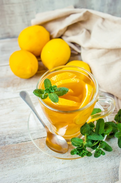 Tea with mint and lemon. Selective focus.