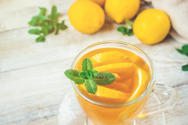 Tea with mint and lemon. Selective focus.