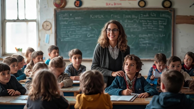 Teacher at BlackBoard with Smiling Kids in a Bright Classroom