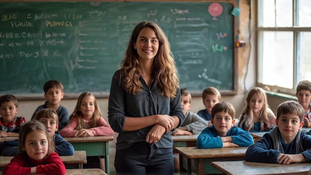 Teacher at BlackBoard with Smiling Kids in a Bright Classroom