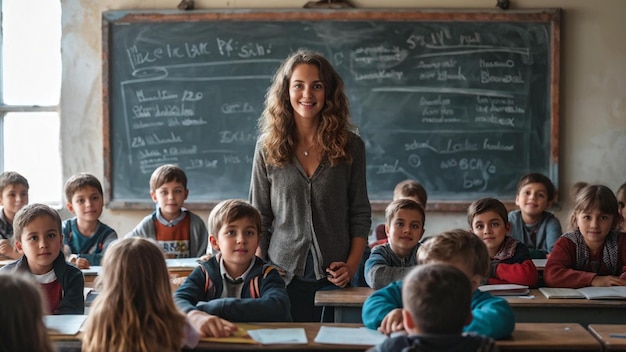 Teacher at BlackBoard with Smiling Kids in a Bright Classroom