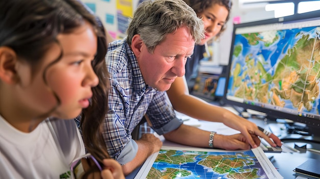 Photo a teacher and children looking at a map of the world