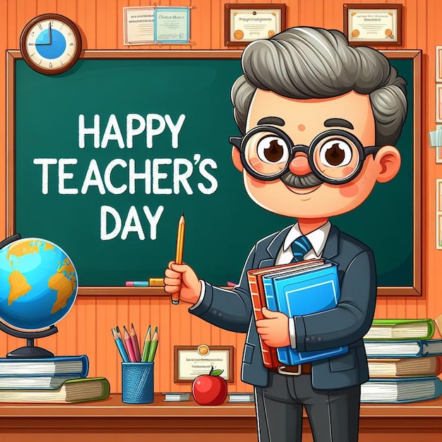 Teacher Day background and a cartoon teacher with books