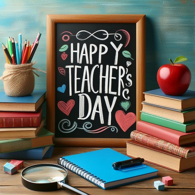 Teacher Day background with a chalkboard that reads Happy Teachers Day