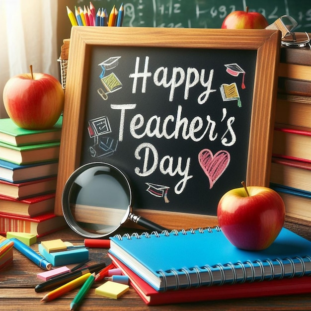 Teacher Day background with a chalkboard that reads Happy Teachers Day