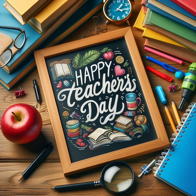 Teacher Day background with a chalkboard that reads Happy Teachers Day