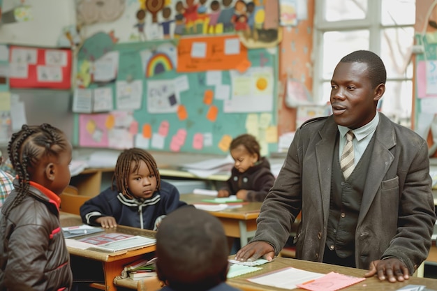 Teacher explains the topic on the board in front of the classroom to the students in the classroom