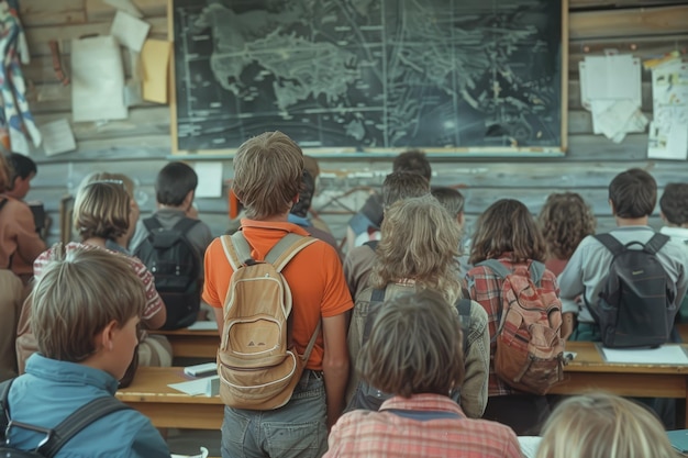 Teacher explains the topic on the board in front of the classroom to the students in the classroom