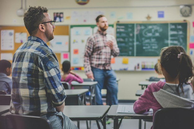 Teacher explains the topic on the board in front of the classroom to the students in the classroom