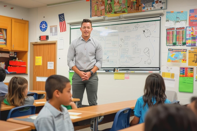 Teacher explains the topic on the board in front of the classroom to the students in the classroom