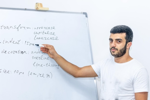 teacher in front of whiteboard the teacher writing on whiteboard