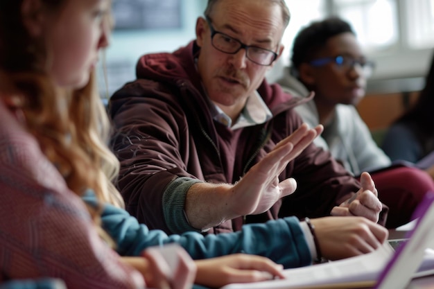 Photo a teacher gestures enthusiastically as he interacts with his students during a classroom session