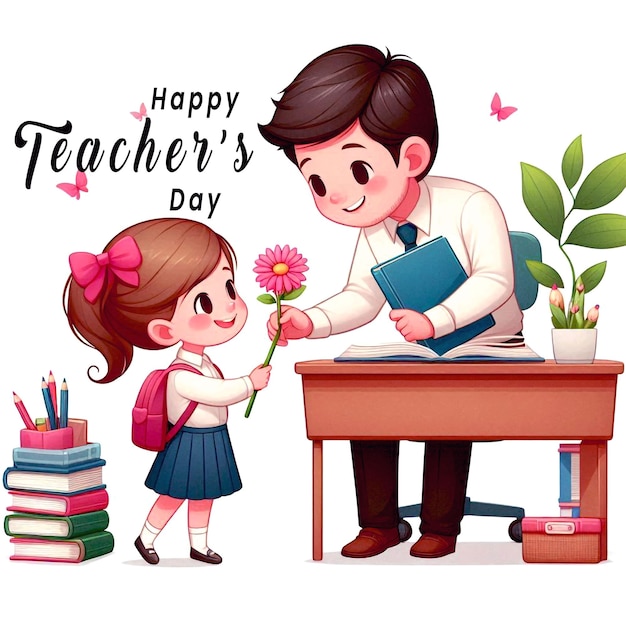 a teacher and a girl holding flowers