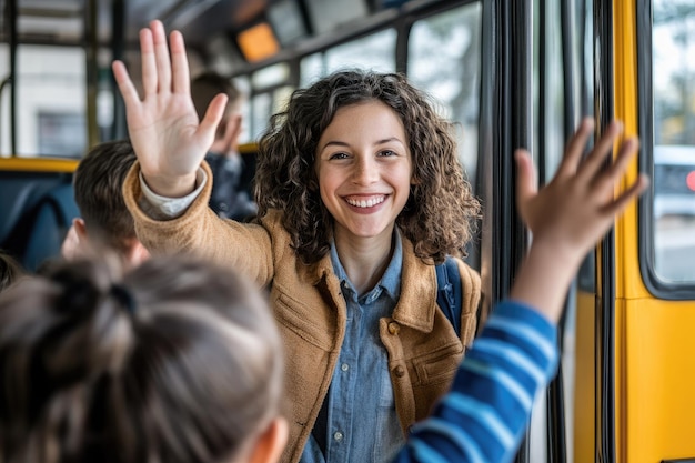 Teacher giving high five to kids while entering in bus