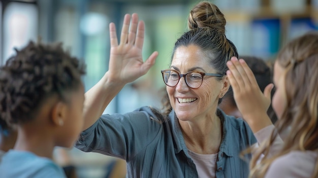 Photo teacher giving a highfive to a student for motivation