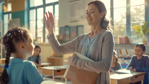 Photo the teacher greeting student