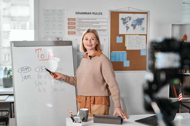 Teacher having online lesson in class