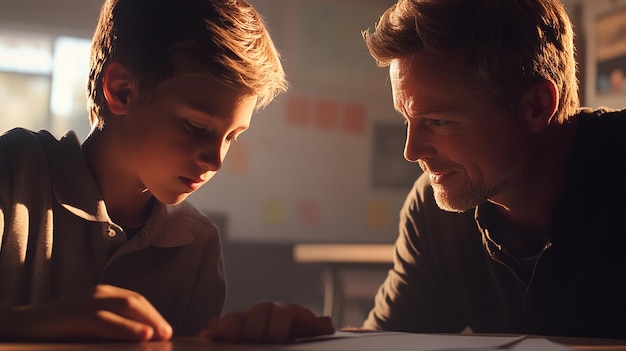 Photo teacher helping a student in classroom