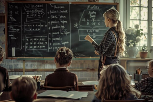 teacher helping students in classroom