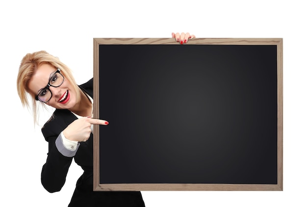 Teacher holding blackboard