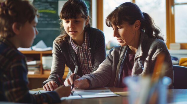 Photo teacher is assisting two students with their schoolwork providing guidance and support