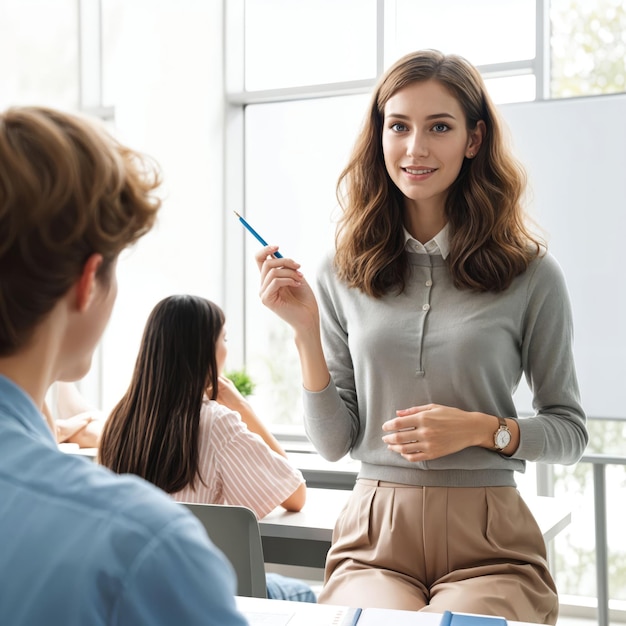 A teacher is talking to a student in a blue shirt with a pen