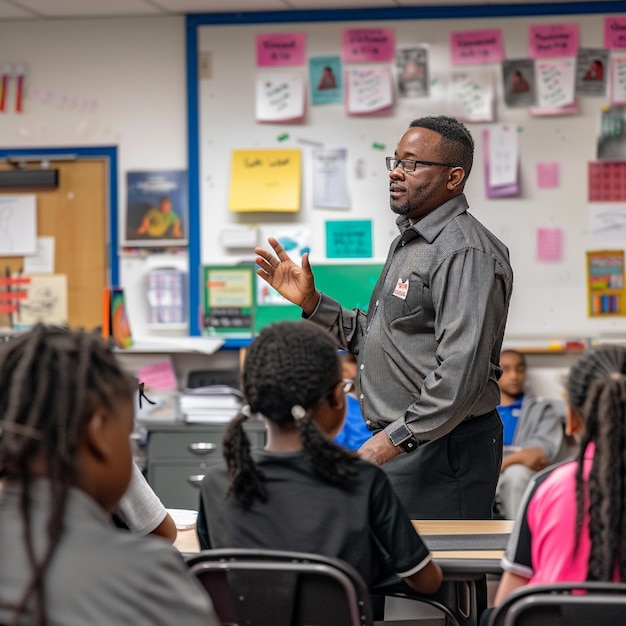 A teacher leading a class discussion on the importance of voting