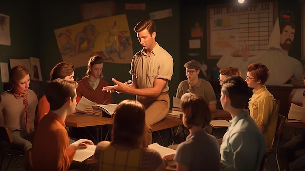 A teacher leading a discussion with students in a circle, education stock images