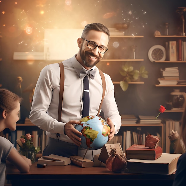 a teacher and a little girl looking at a globe