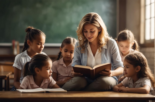 a teacher reading a book to her students