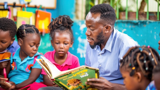 A teacher reading a story to young students