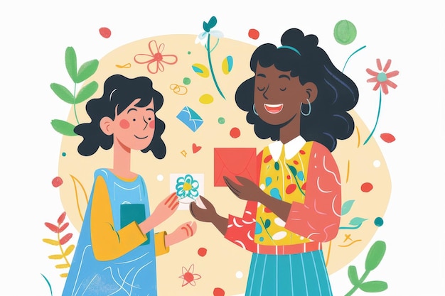 A teacher receiving a handmade card from a student Illustration