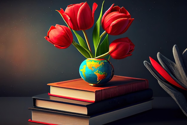 Teacher's day or knowledge day red tulips stack of books globe on chalk board