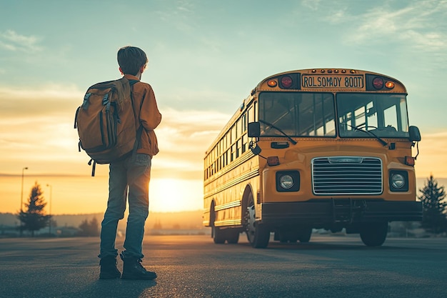 Teacher at school in front of the bus