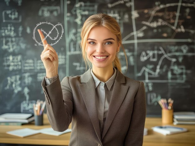 Photo teacher showing infinity symbol on blackboard classroom scene