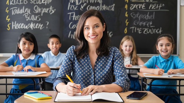 a teacher sits in front of a blackboard with children in the background