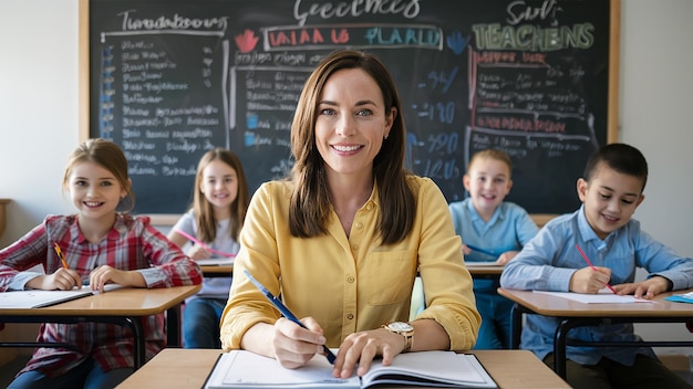 a teacher sits in front of a chalkboard with children in front of it