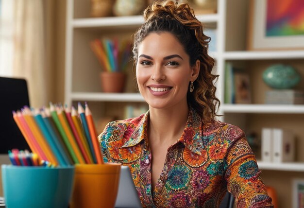 A teacher smiles warmly in the classroom colorful supplies in the background suggest a creative