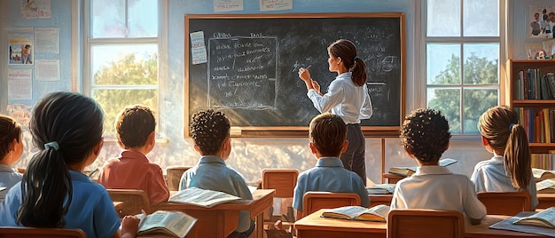 Teacher Standing at the Front of a Bright and Engaging Classroom