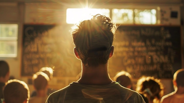 Teacher standing in front of a class viewed from behind