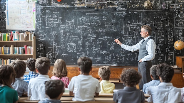 a teacher stands in front of a blackboard with a group of students in front of it