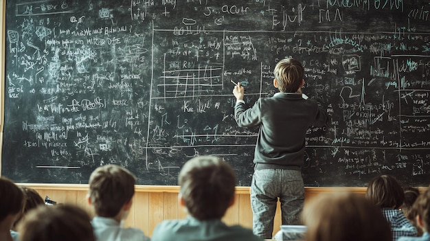 a teacher stands in front of a blackboard with the words quot math quot on it