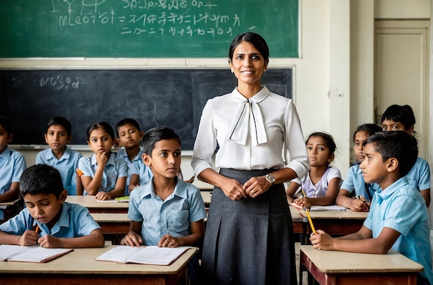 a teacher stands in front of a chalkboard with students in a classroom