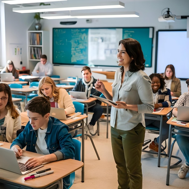 a teacher stands in front of a class of students