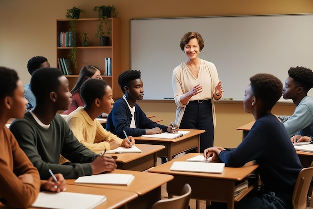 a teacher stands in front of a class of students