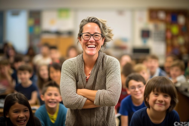 A teacher stands in front of a classroom full of children