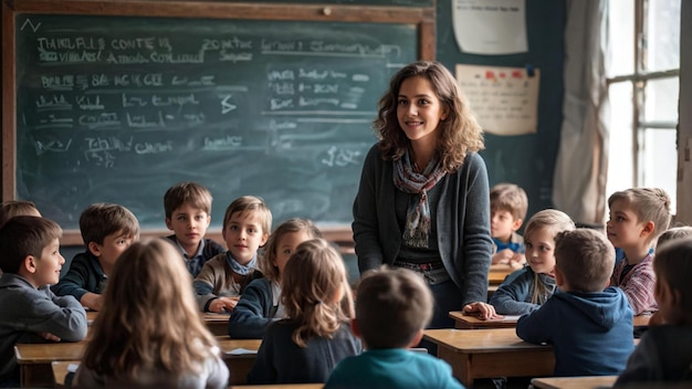 a teacher stands in front of a classroom with children in front of her