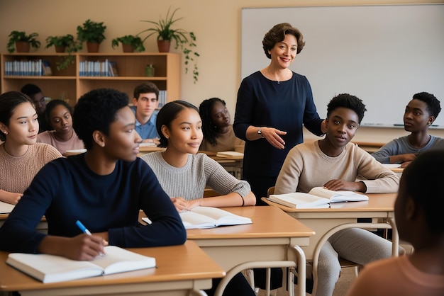 a teacher stands in front of a group of students with a teacher in the background