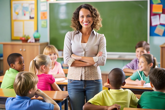 a teacher stands with her children in a classroom